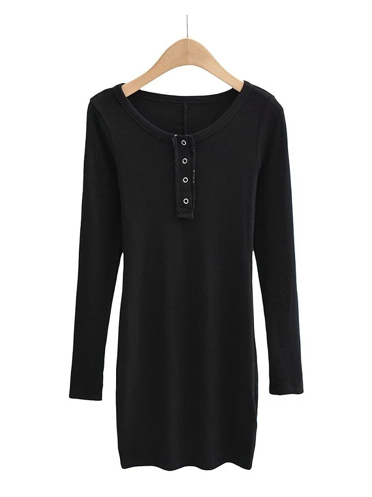 vmtvr - Women Fashion Slim-fit Solid Mini Dress Vintage O-Neck Long Sleeves Single Breasted Female Chic Lady Dresses