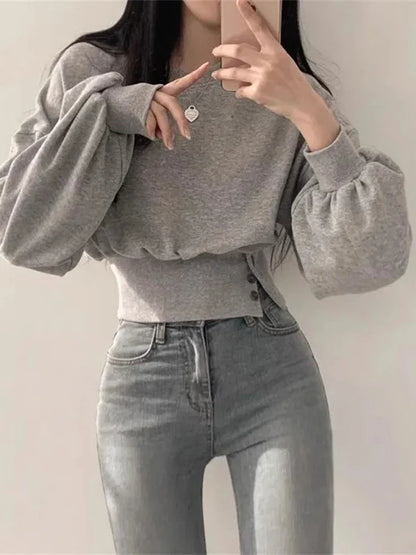 -Fall Outfits y2k Long Sleeve Top -Autumn Sweatshirt Women Harajuku Crop Long Sleeve Top Female Korean Chic Sporty Hoodies Ladies Vintage Casual Button Sweatshirts Streetwear