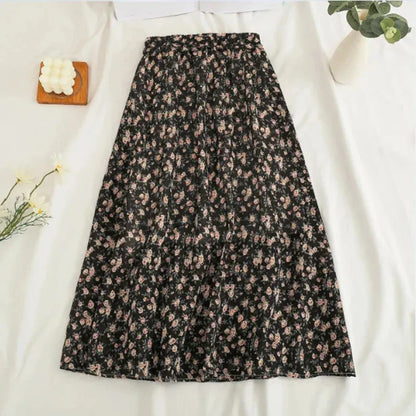 vmtvr Women Chiffon Midi Skirt Korean Fashion Floral Loose Skirts High Waist Female Casual All Match A Line Skirts Summer New