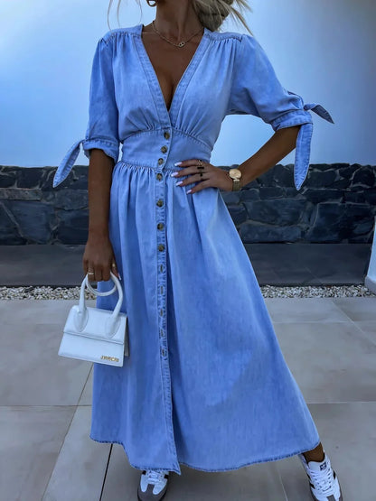 vmtvr  -  Spring Summer New Women's Clothing Fashion Sexy V-neck Long Button Denim Dress Long Maxi Loose Dress