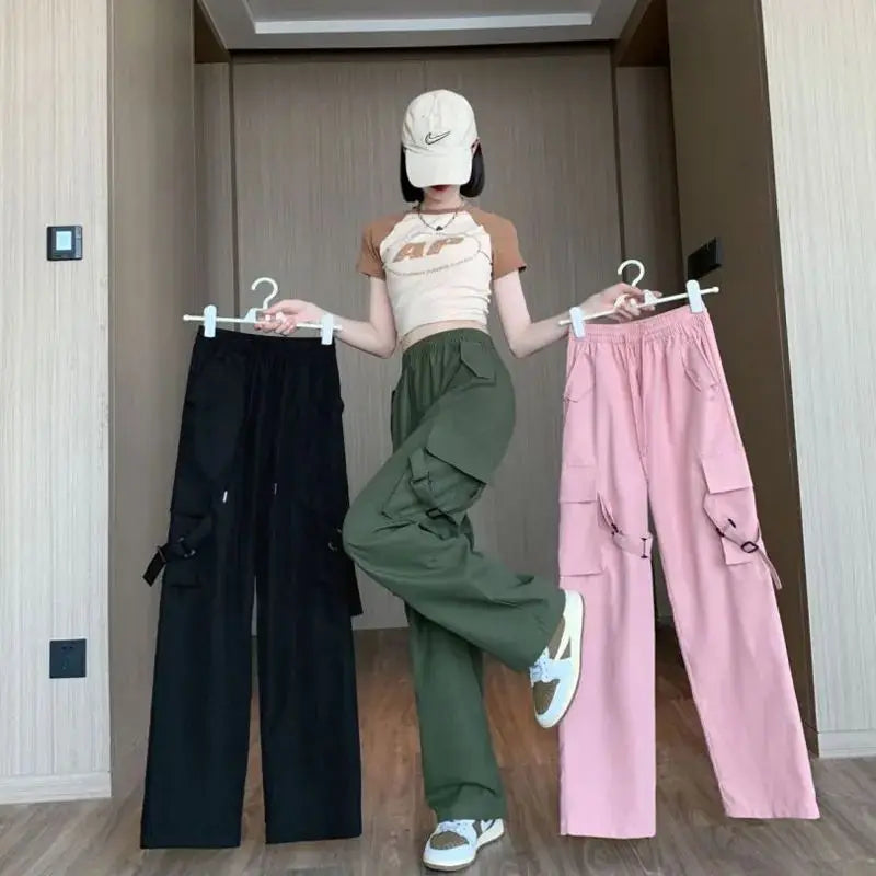 vmtvr Spicy Girls American Retro Casual Quick Drying Workwear Pants Women's Solid Summer High Waist Pocket Show Thin Straight Trousers