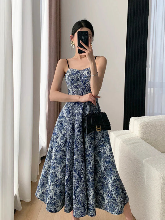 vmtvr  -  Elegant Women Fashion New Floral Casual Midi Dress Spaghetti Strap Slim A-Line Maxi Vestidos Female Chic Vintage Mujers Robe