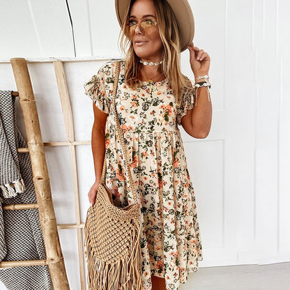 Women Floral Printing Dress Boho Short Sleeve Big Hem Casual Woman Female Loose Ruffles Mini Dresses for 2023 Summer Robe Femme