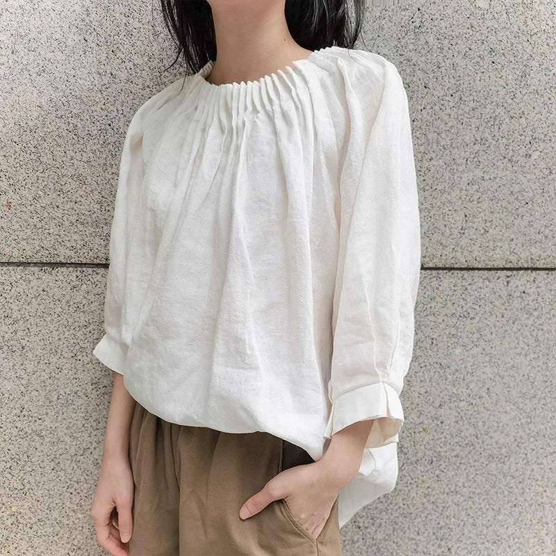 vmtvr Vintage Retro Women Cotton Linen Puff Sleeve O-neck Boho Oversize Loose Blouse Summer Casual Blusas Female Shirts Tops