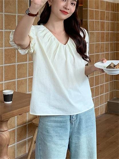 vmtvr Office Wear Lady Women Blouses Sweet Daily Elegant Summer V-Neck All Match Fashion Puff Short Sleeve Gentle OL