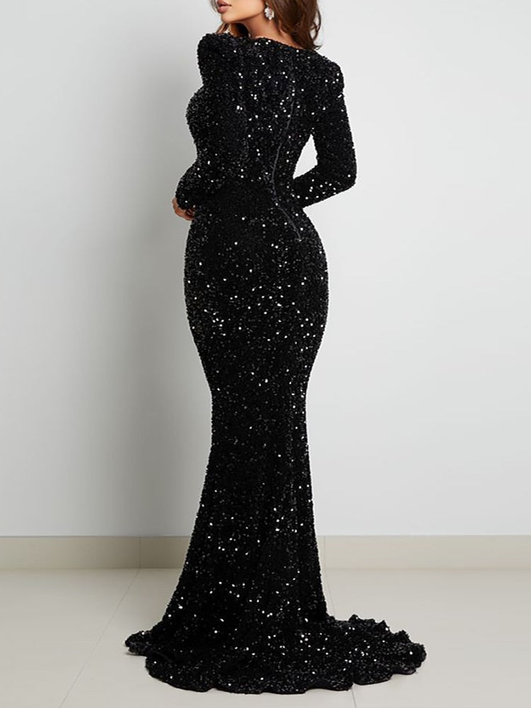 Luxury Black Long Sleeve Evening Gown Sequin Stretchy Velvet V Neck Mermaid Prom Floor Length Dress Burgundy Winter