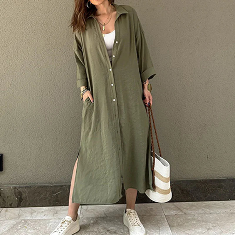 vmtvr  -  Spring Casual Solid Lazy Long Shirt Dress Women Single Breasted Split A-Line Party Dress New Autumn Long Sleeve Lady Party Dress