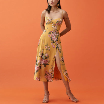 Summer Dresses For Women Elegant Vintage Floral Print Dress Sweetheart Neck Spaghetti Strap Midi Dress With Slit Sundress