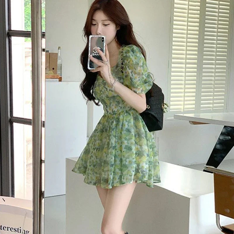 vmtvr Summer High Waist Dress Women Korean Fashion Floral Casual Mini Dresses Y2K Female Elegant Puff Sleeve A Line Dress