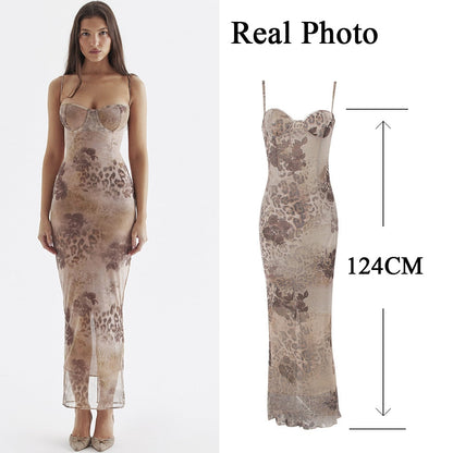 vmtvr Floral Print Maxi Prom Dress Sexy Mesh Celebrity Evening Party Dresses Bodycon Spaghetti Strap Summer Women Dresses