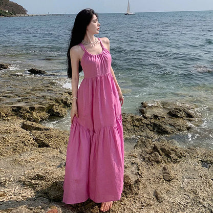 vmtvr New Summer Halter Backless Midi Women Dress Simple Loose Beach Vacation Pink Purple Long Sundress Korean Lolita Lazy Style