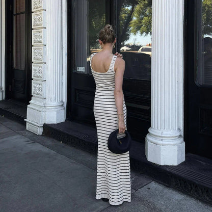 vmtvr Black White Striped Knitted Beach Dress Women Elegant Casual Sleeveless Loose Long Dresses Summer Holiday Vacation Outfits 2024