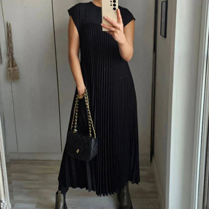 vmtvr Chic Fashion O-neck Pleated Long Party Dress Women 2024 Spring Solid Pockets Boho Maxi Dress Summer Sleeveless Loose Beach Dress