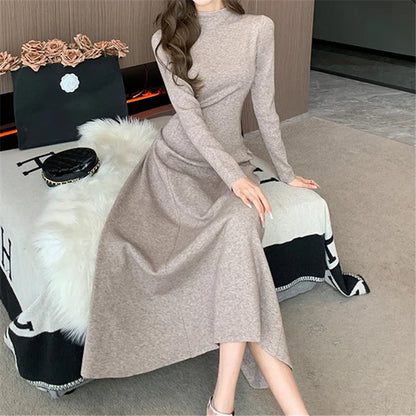 vmtvr New Vintage Knitted Sweater Midi Dresses for Women New Autumn Winter Half High Collar Thickened Elastic Ladies Slim Dress