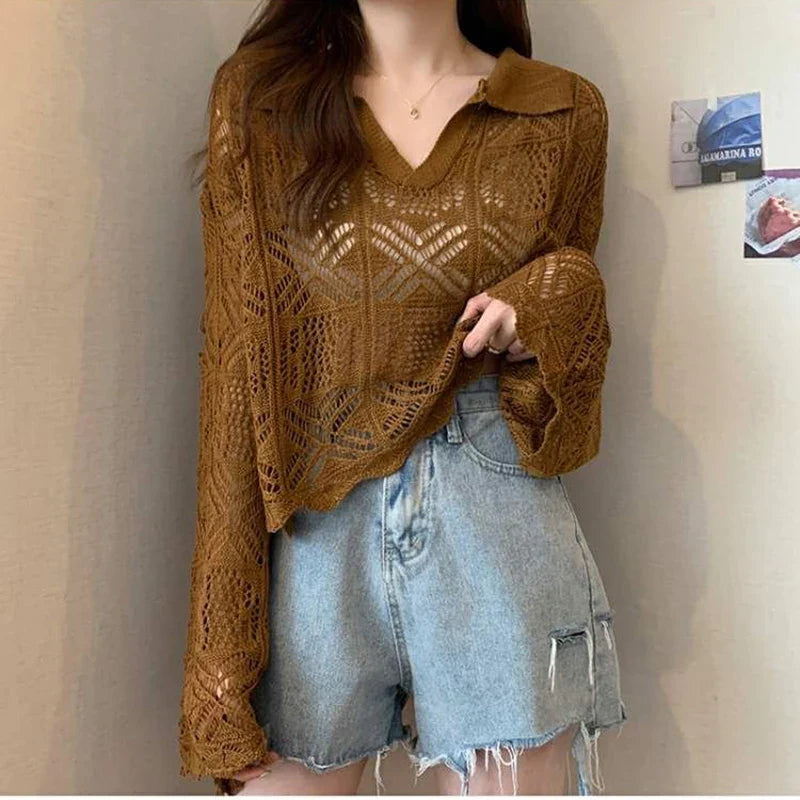 vmtvr Women Sexy Hollow Out Knit Shirts Summer Korean Fashion Loose Sun Protection Blouse Casual Female Flared Long Sleeve Tops