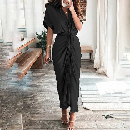 vmtvr High Waisted Lady Shirt Dress for Women Clothing 2024 Summer Classic Casual Slim Short Sleeve Women Dress Female Solid Long Skir