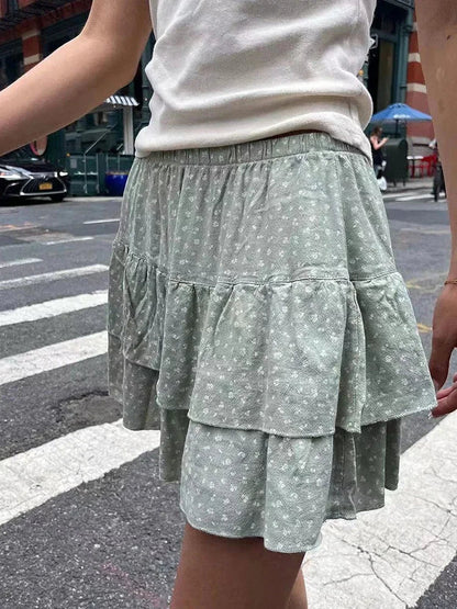 vmtvr Sweet Women Floral Ruffles Mini Skirt 2024 Summer Ladies Cute Elastic High Waist A-line Skirts Female Vintage Chiffon  Skirt