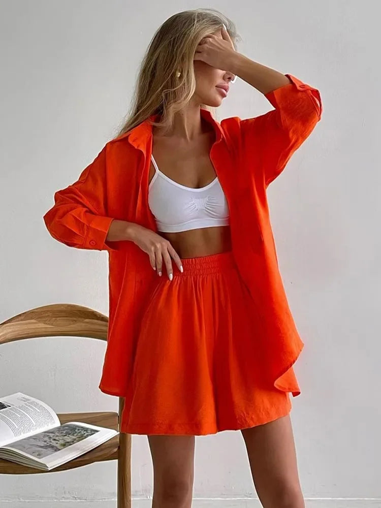 vmtvr Summer Women's Suit Shirt and Short Sets Solid Color Casual Cotton and Linen Blouse and Shorts Two Piece Sets Women Outfit 2024