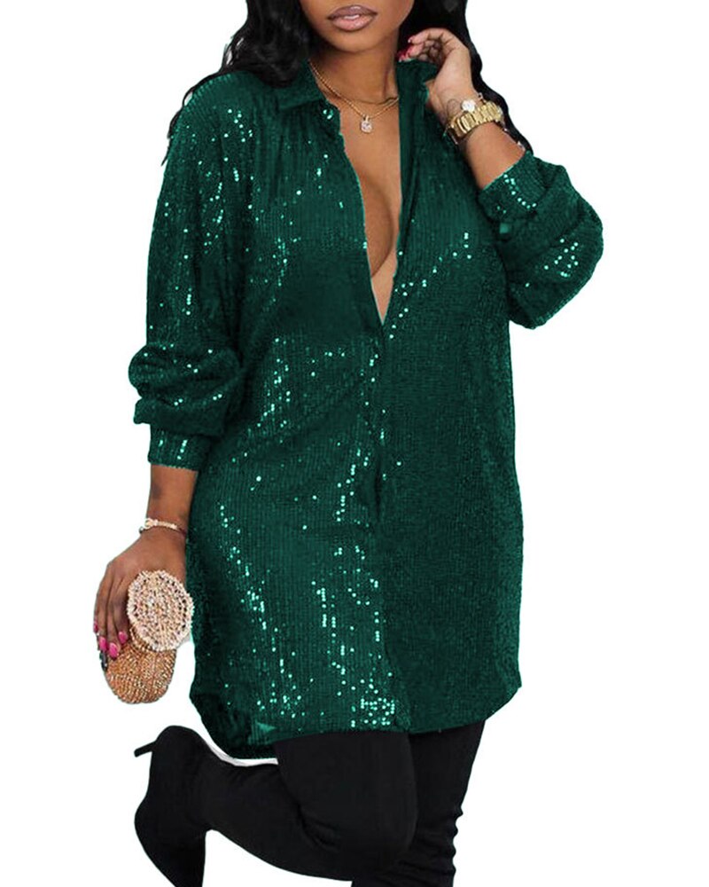 Women Fashion Elegant Turn-down Collar Mini Casual Loose Dress Oversize Long Sleeve Allover Sequin Shirt Dress