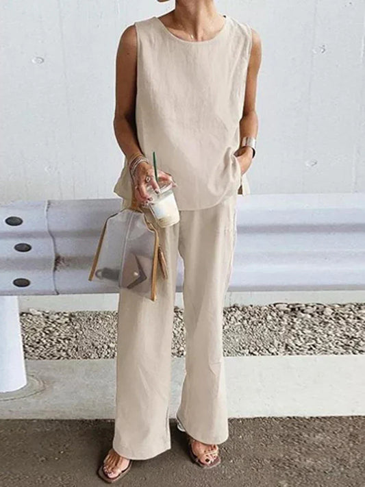 vmtvr Solid Cotton Linen Outfits Women Casual O Neck Sleeveless Pullover Blouse and Straight Pants Suits Summer Casual Loose 2Pc Sets