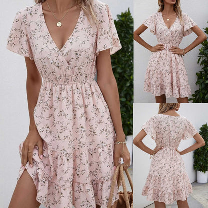 Summer Dress For Women 2023 Fashion V-neck Sexy Short Sleeve Mini Dress Fashion Dress Midi Flower Beach Dress платье летнее