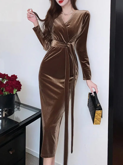 vmtvr Sexy Women Fashion Bodycon Elegant Velvet Dress Long Sleeve Casual Vintage Lace-up Party Dresses Female Autumn Clothes Robe