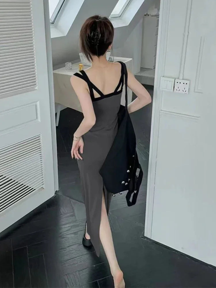 vmtvr Sexy Backless Slip Midi Split Dresses Women Korean Fashion Spaghetti Strap Vintage Casual Black Dress 2024 Summer Sundress