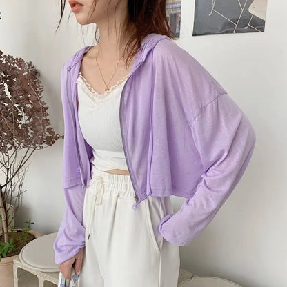 vmtvr Summer Women Sun Protection Shirts Fashion Streetwear Translucent Cropped Tops Korean Female All Match Zipper Hoodie New