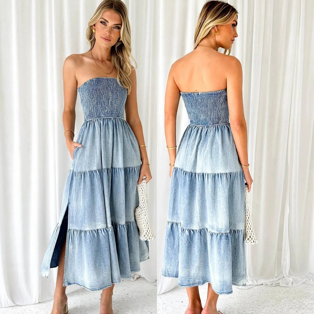 vmtvr  -  New Elegant Holiday Strapless Long Dress for Summer Vestidos Hem Stitching Side Split Fashion Women Denim Long Dress