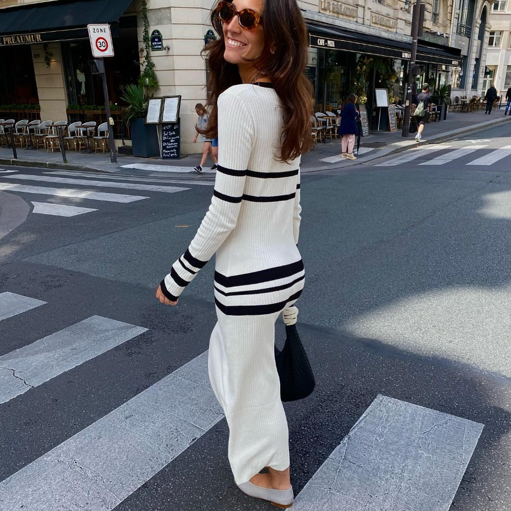 White Striped Knitted Maxi Dress for Women Elegant O-neck Long Sleeve Slim Sweater Dress Autumn Winter Warm Causal Dresses