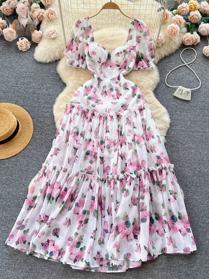 Women Chiffon Maxi Dress Summer Short Sleeve Floral Printed Elegant Party Dresses Ladies Vintage Slim A-line Beach Long Dress