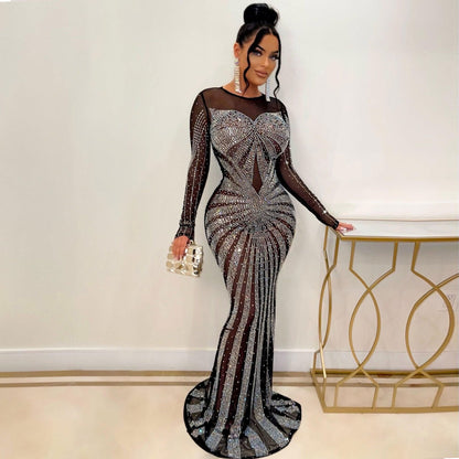 vmtvr Sexy Rhinestones Floor-length Evening Dresses Luxury Elegant Women's O-neck Long Sleeve See-through Mesh Night Club Long Dress