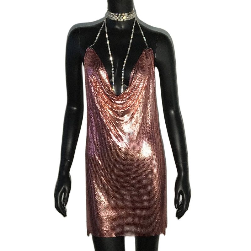 Sexy Gold Sequined Patchwork Mini Dress Women Sleeveless Low Cut Metal Chains Halter Slim Charming Nightclub Party Dresses