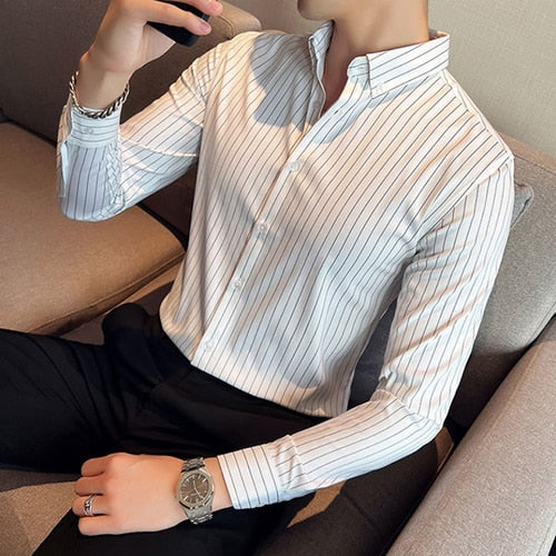 jiaabc British Style Striped Shirts Mens Long Sleeve Silky Slim Casual Shirts Luxury Men Business Social Party Dress Shirt Streetwear