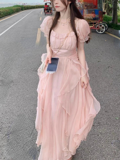 vmtvr French Fairy Chiffon Midi Dress Women Short Sleeve Casual Boho Beach Sundress Women Pink Elegant Korean Dress Summer Chic