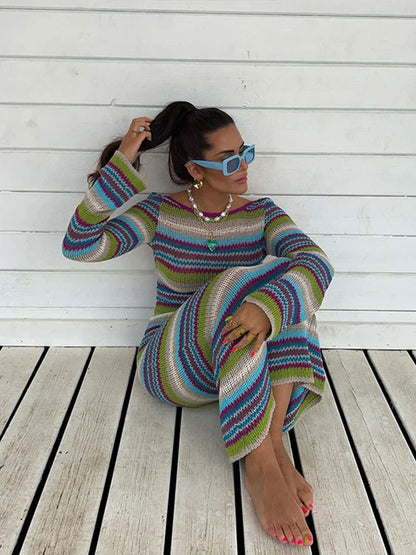 vmtvr  - hoco dress Knitted Striped Slim Backless Long Dresses Women Casual Long Sleeve O-neck Thin Knitting Dress Female Chic Elegant Streetwear