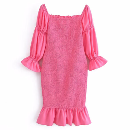 vmtvr - Foridol Off Shoulder Women Sexy Rose Red Midi Dress Long Sleeve Ruffles Trimmed Elastic Smocking Beach Summer New 2023