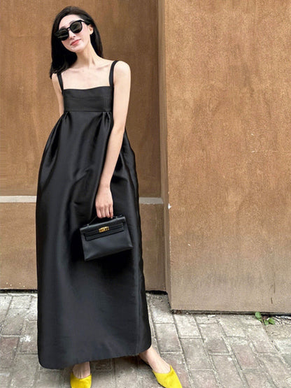 Maxi Black Dress for Women Sleeveless Solid Summer Backless Vintage Tender French Style Simple Slim Fit Classic Vestido Feminino