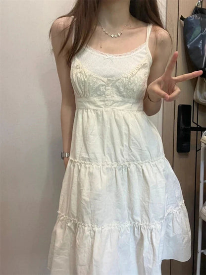 Women Y2K Sweet Sling Short Dresses Summer Vintage Sexy Cute Lace V-Neck Sleeveless A-line Dress Female Korean Chic