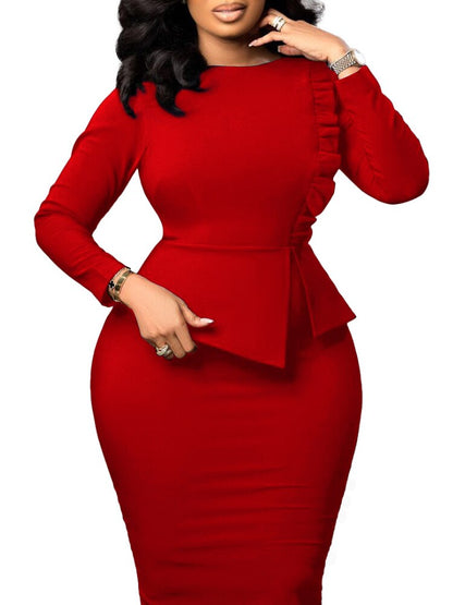 Women Elegant Dress Bodycon Long Sleeves Peplum Ruffles Spring Package HIp Classy Office Ladies African Summer Gowns Female Robe