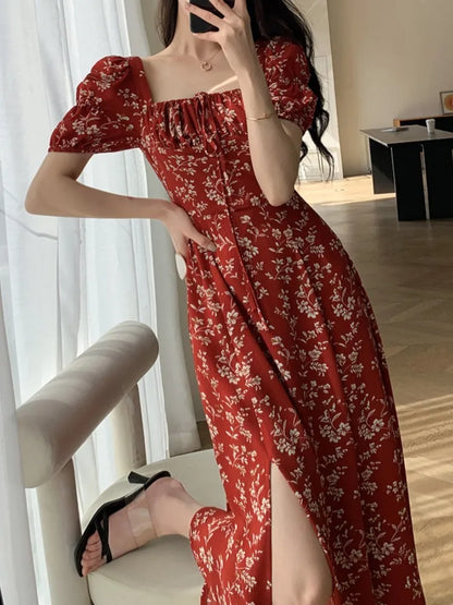 vmtvr Women's Vintage Slim Split Maxi Dress Floral Casual Red Dress Female Fashion Korean Chic Boho Beach Party Spring Summer New