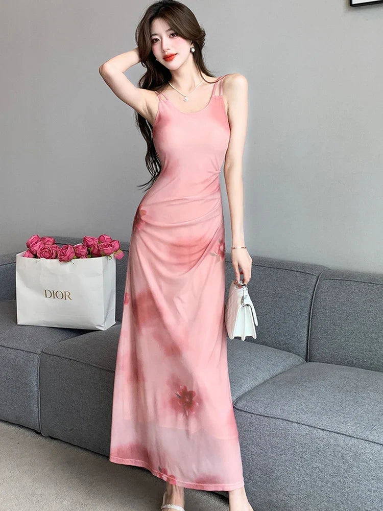 vmtvr 2024 Korean Vintage Luxury Dance Party Long Dress Summer Pink Floral Chif Sling Sexy Dresses Women Elegant Bodycon Vestidos Prom