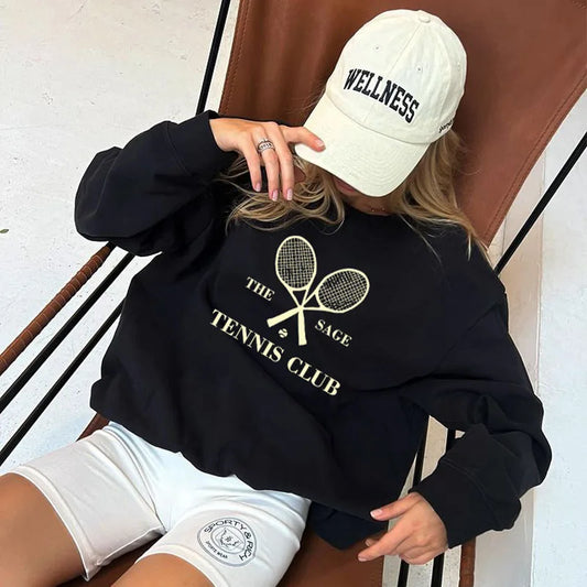 -Retro sports style outfit streetwear 90s fashion The Sage Tennis Club Letters Printing Vintage Style Black Sweatshirts Women Loose Cotton Crewneck Casual Long Sleeve Pullovers