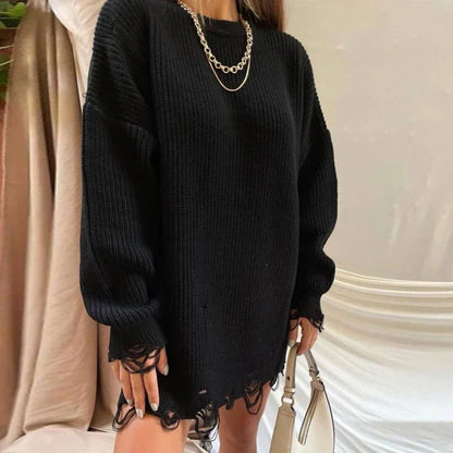 vmtvr Women Long Sleeve Mini Sweater Dress Autumn Winter Ripped Hole Knit Pullover Dress Casual Loose Oversize Knitted Short Dresses