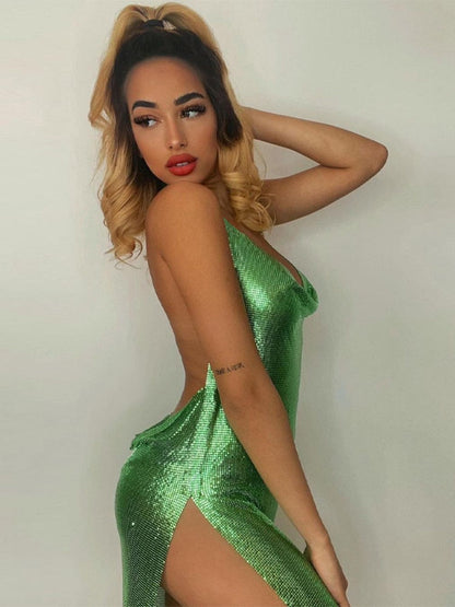 vmtvr Summer Clothes Bling Glitter Women Halter Mini Dress Side Slit Backless Bodycon Sexy Streetwear Party Club Festival