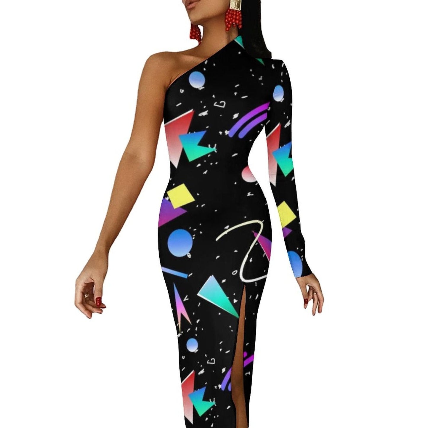 Memphis Retro Maxi Dress Long Sleeve Geometric Colorful Cute Bodycon Dress High Slit Streetwear Long Dresses Print Vestido