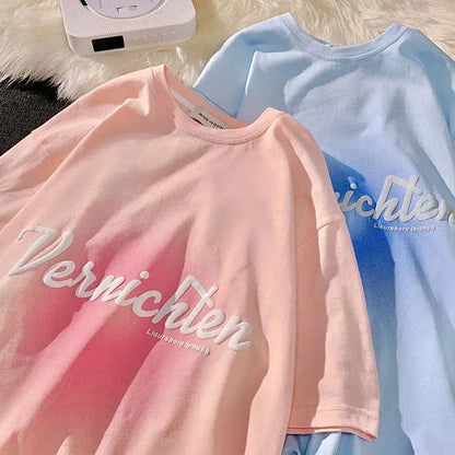 Preppy Style T Shirts Women Summer New Tie Dye Alphabet Print Sweet Basics O-neck Korean Loose Short Sleeve Tops