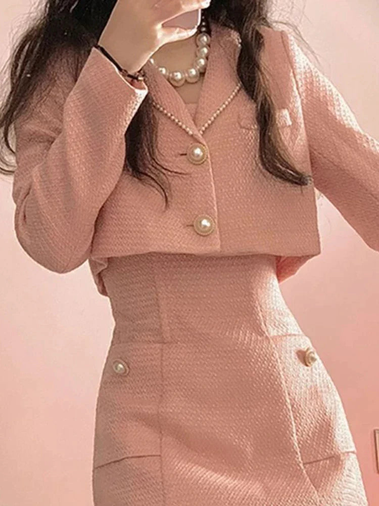 vmtvr -Autumn Pink Elegant Two Piece Set Women Korean Style Balzer Coat+Strap Mini Dress Set Female Solid Casual Slim Designer Set 2024