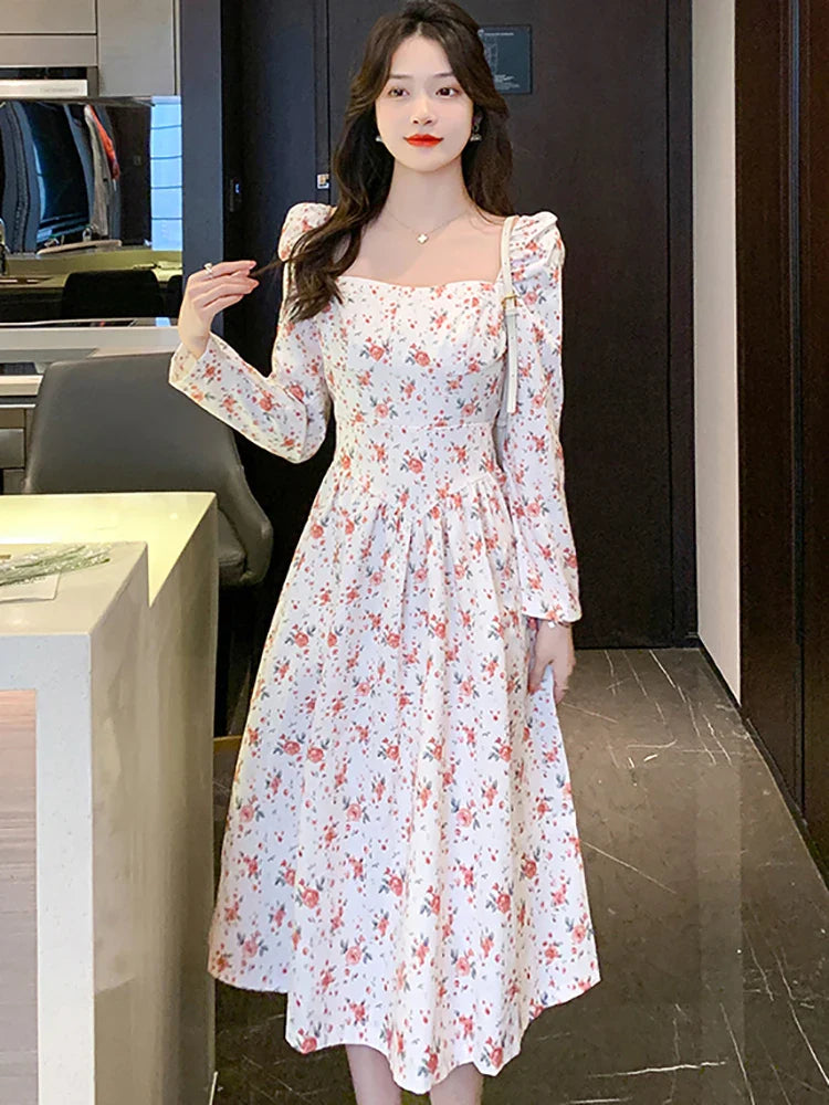 vmtvr 2024 Pink Floral Chiffon Square Collar Sexy Midi Dress Women Boho Fashion Light Casual Dress Autumn Korean Elegant Bodycon Dress