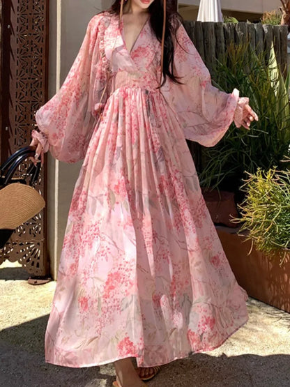 vmtvr Spring And Summer Floral Print Long Dress For Women Lantern Sleeve  Beach Holiday Dresses V-Neck Long-Sleeved Robe Clothes